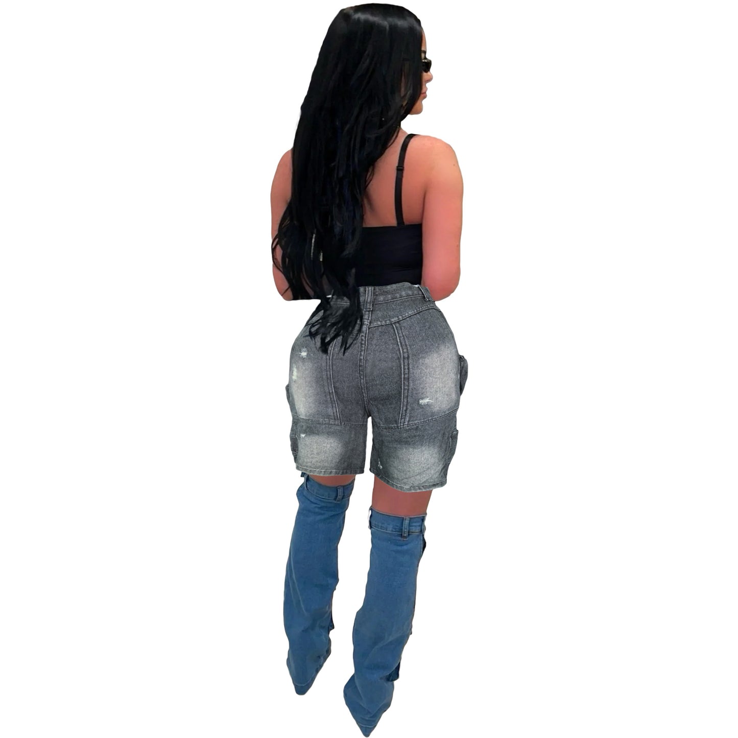 Kvinde Washed Ripped Cropped Shorts i Cowboy-Denim med Lommer