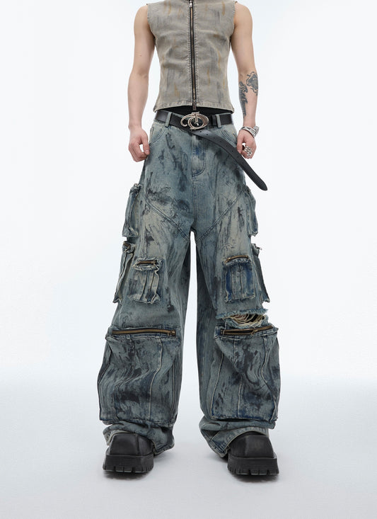 Jeans med multi-lommer, slidt look og håndmalet design