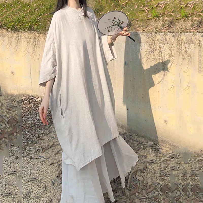 Cotton-Linen Artistic Retro Slant-Collar Button-Front Zen-Style Short-Sleeve Dress