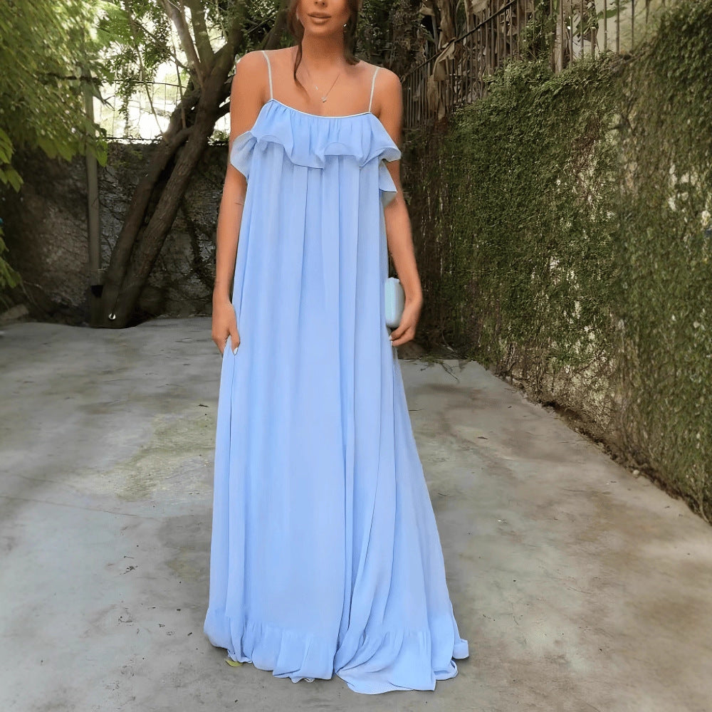 Off-the-shoulder Slip Dress With A Flared Ruffled Hem That Creates A Slimming Silhouette