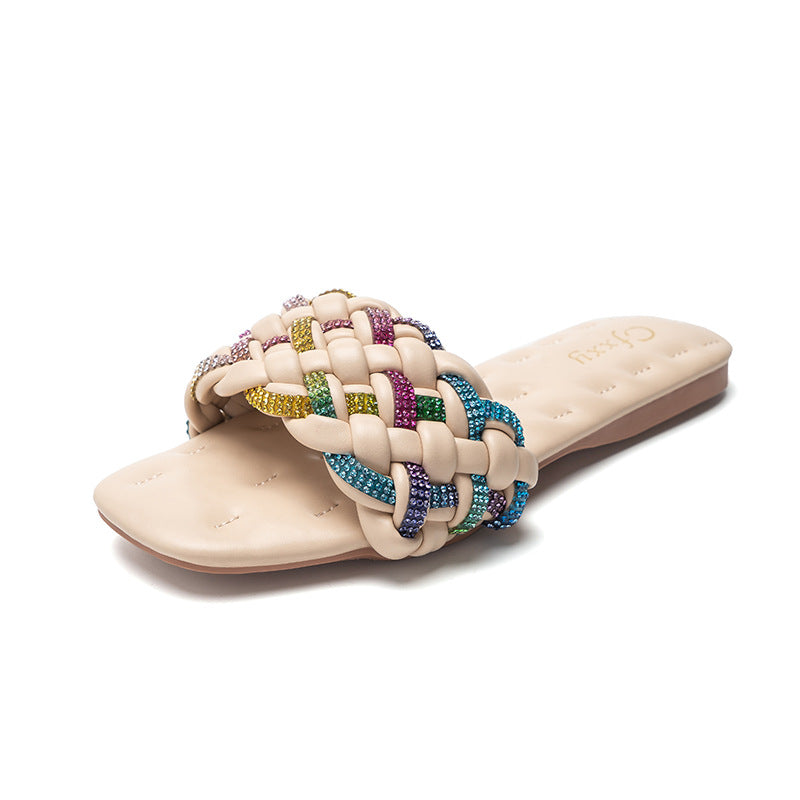 Fashion Square Head Colorful Diamond Embroidery Thread Flat Sandals
