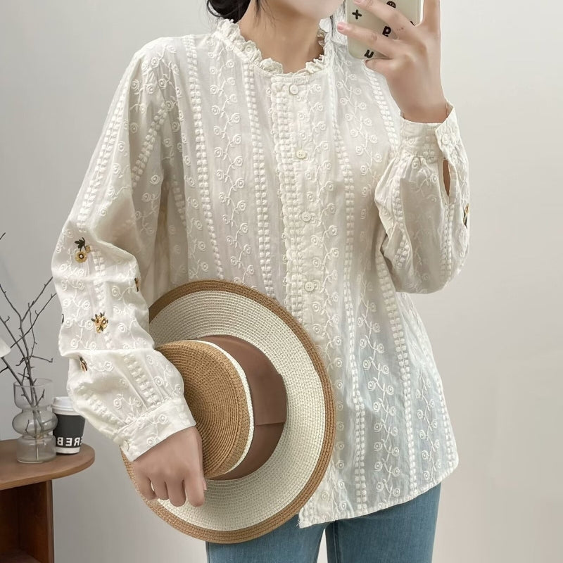 Japanese Style New Literary Solid Color Lace Long-sleeved Shirt