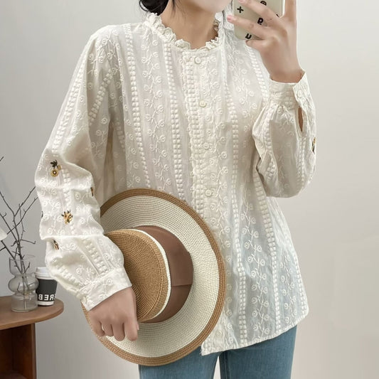 Japanese Style New Literary Solid Color Lace Long-sleeved Shirt