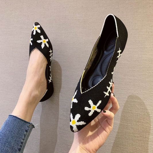 Shallow Mouth Flying Knit Shoes Pointed Toe Flat Knit Egg Roll Shoes