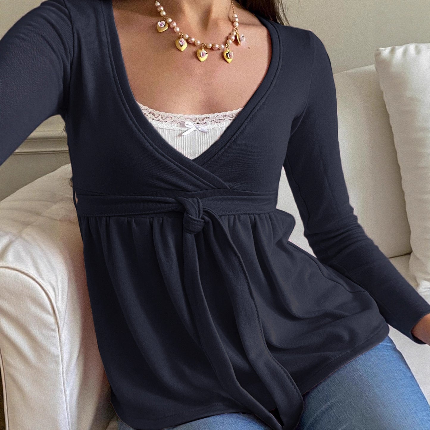 Cross-neck Tie-up Ruffled Loose-fit Lace Bow Long Sleeve