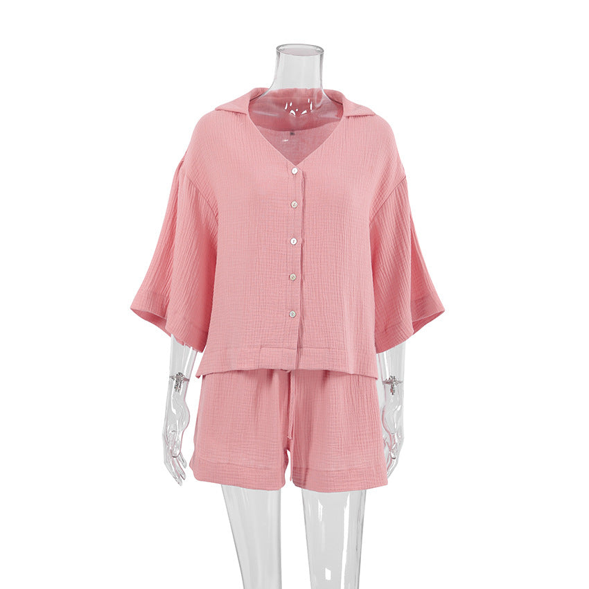 SpringSummer European And American Style Three-Quarter Sleeve Pajama Set With Loose Crepe Cotton Shorts