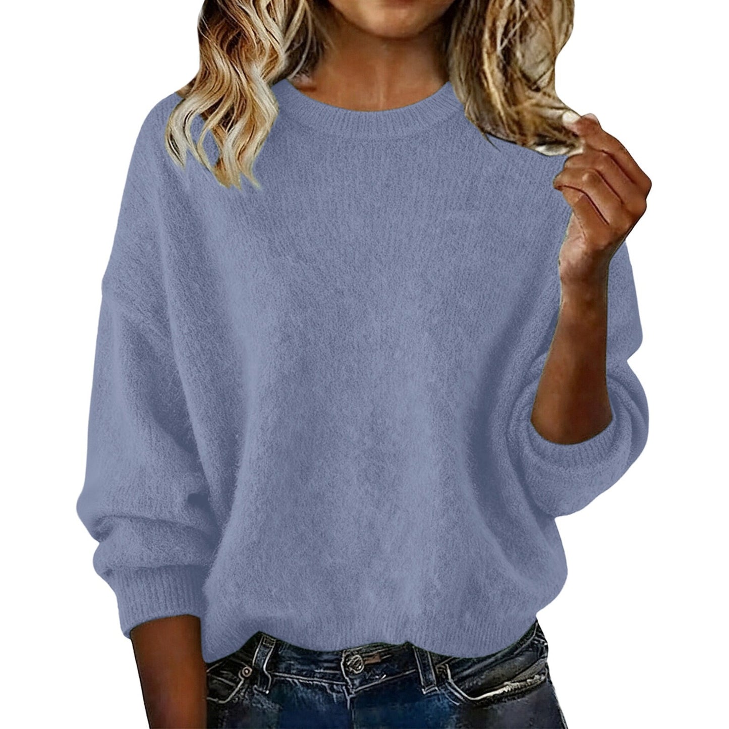 Fashionable Crew-neck Solid-color Sweater