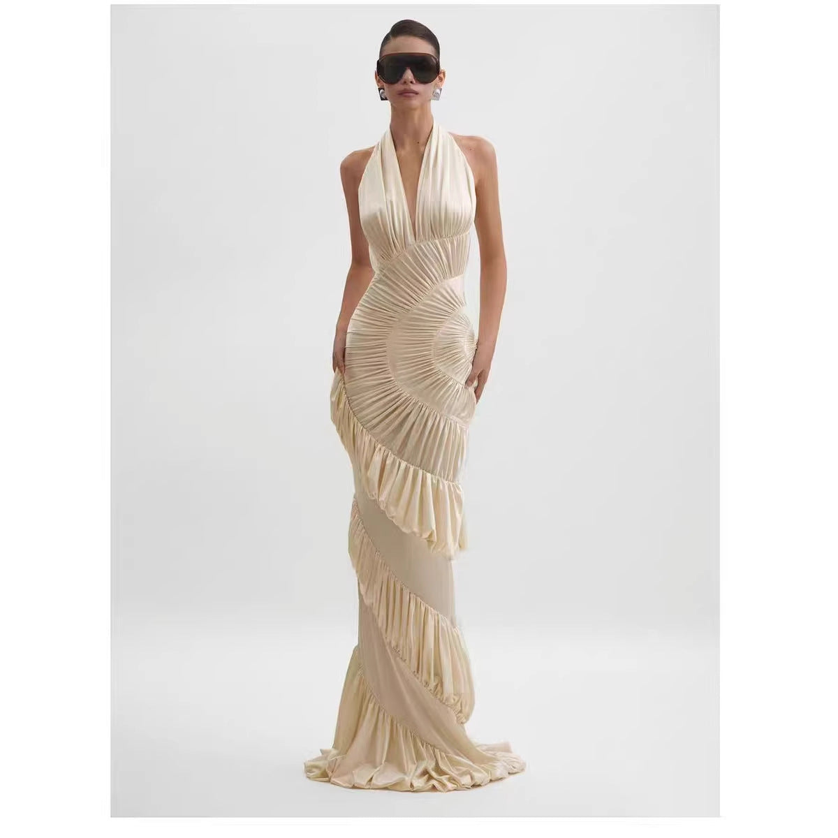 Asymmetrical Pleated Ruffle Bodycon Sheath Fishtail Long Dress
