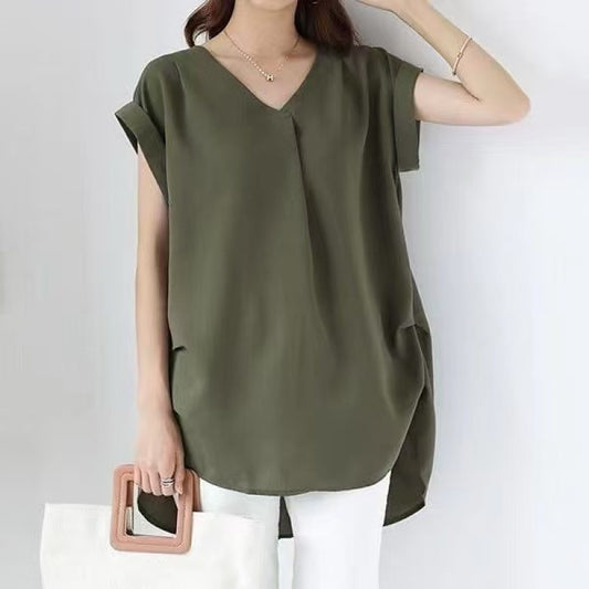 Women's Loose V-neck Short Sleeve Pleated Irregular Stitching Shirt