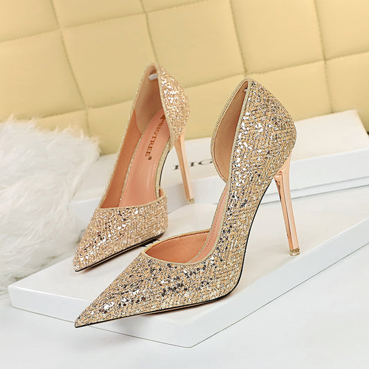 Shallow Mouth Pointed Toe Side Hollow Super High-heel Sequined Shoes