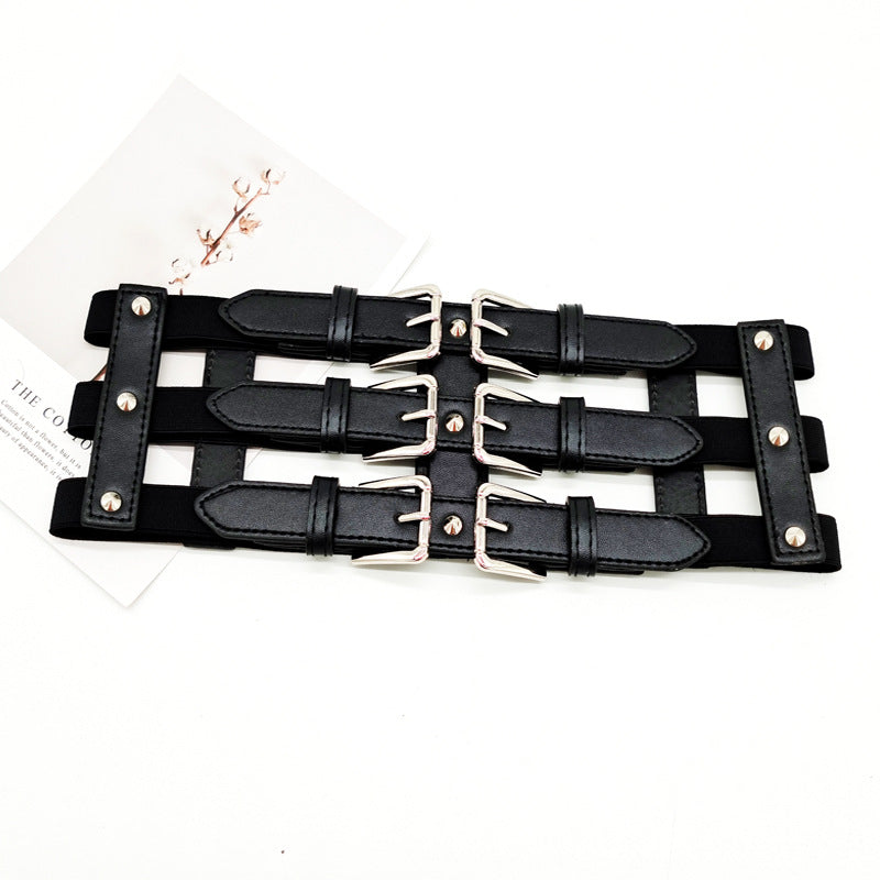 Women's Super Wide Belt Hollow Rivet Decorated Elastic Waist