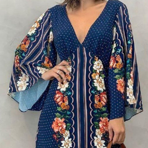 Womens V-neck Backless Long-sleeve Dress