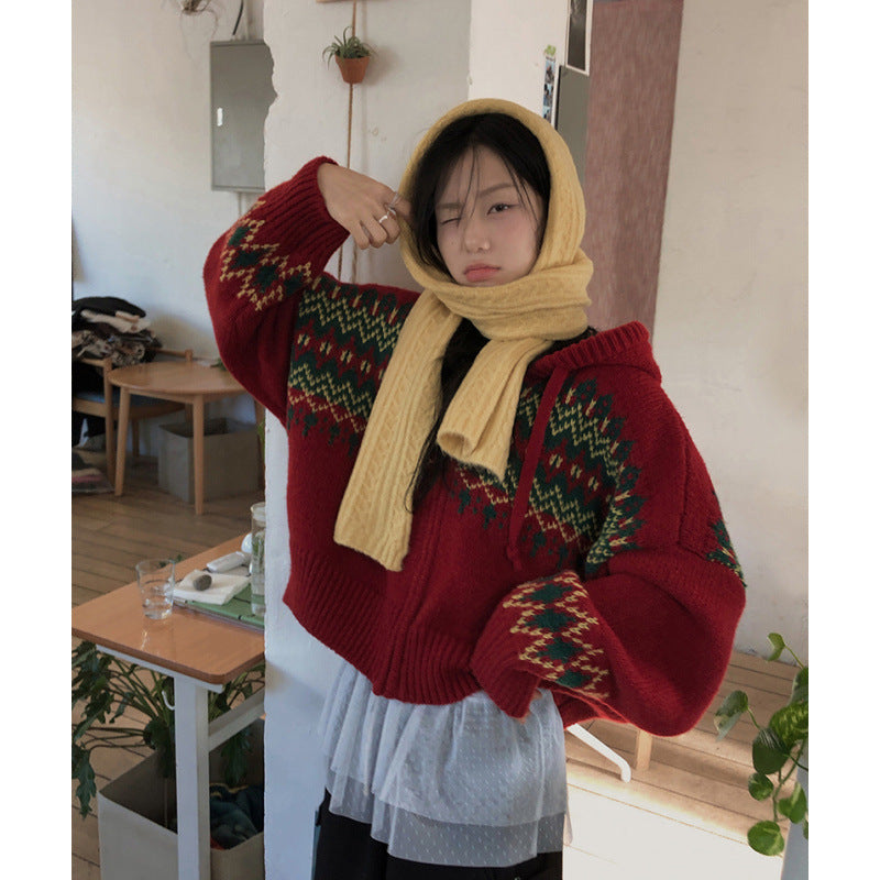 Hættetrøje Cardigan med Kontrastfarver, Fair Isle Jacquard, Løstsiddende, Lange Ærmer, Europæisk Stil