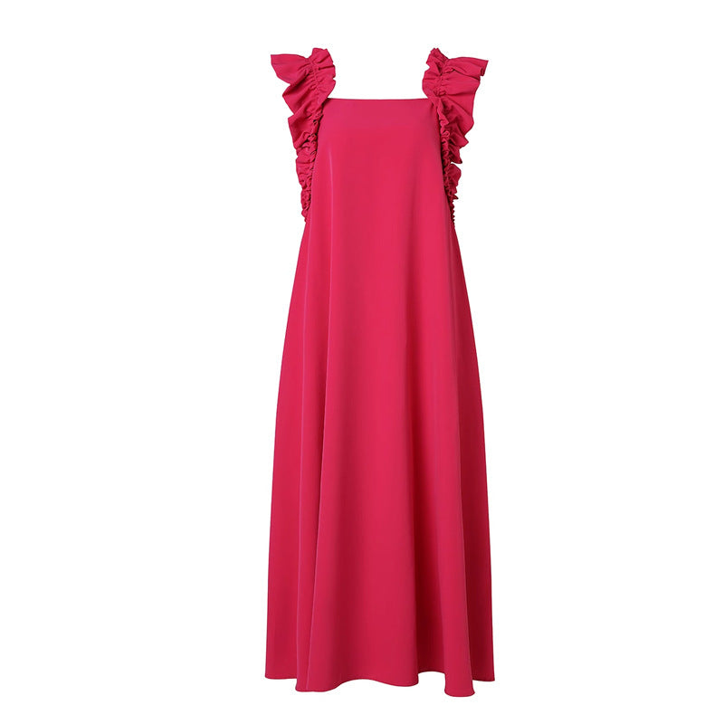 Womens Solid-Color Square-Neck Ruffle-Trim Cap-Sleeve Dress