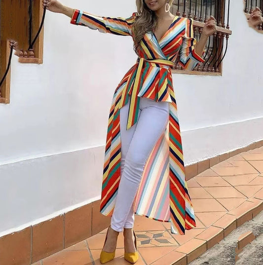 Rainbow Stripes Deep V-neck Slim-fit Front Short Back Large Coat