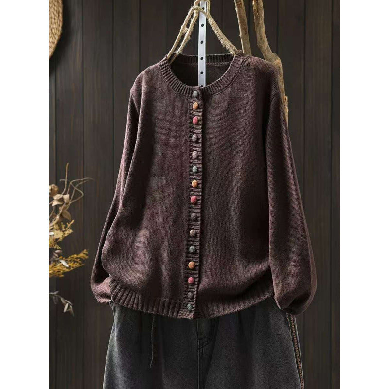 Women's Cotton Knitted Cardigan With Color Buckle Fashion Loose