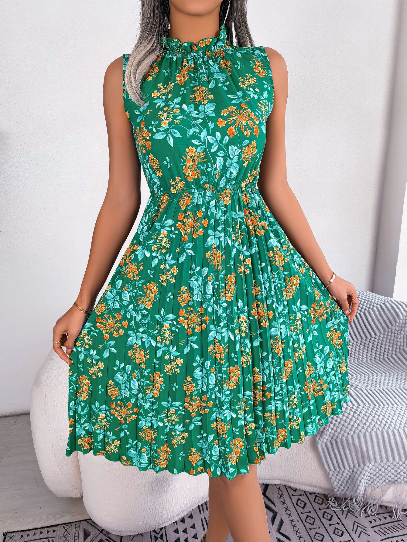 Women  Elegant Ruffle Trim Floral Print Tie Waist Pleated Dress