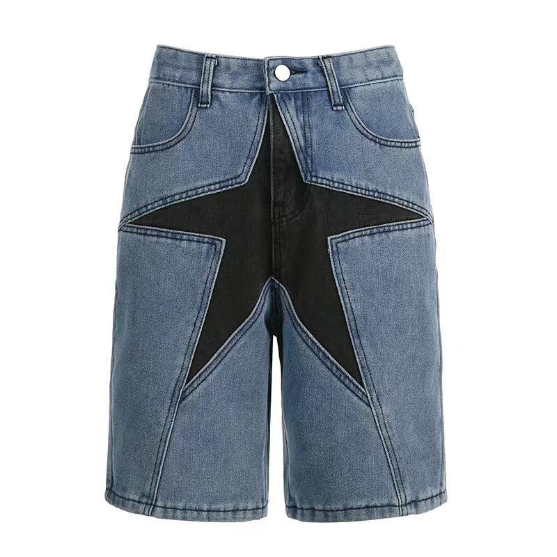Loose Contrast Color Five-pointed Star Patch Denim Shorts
