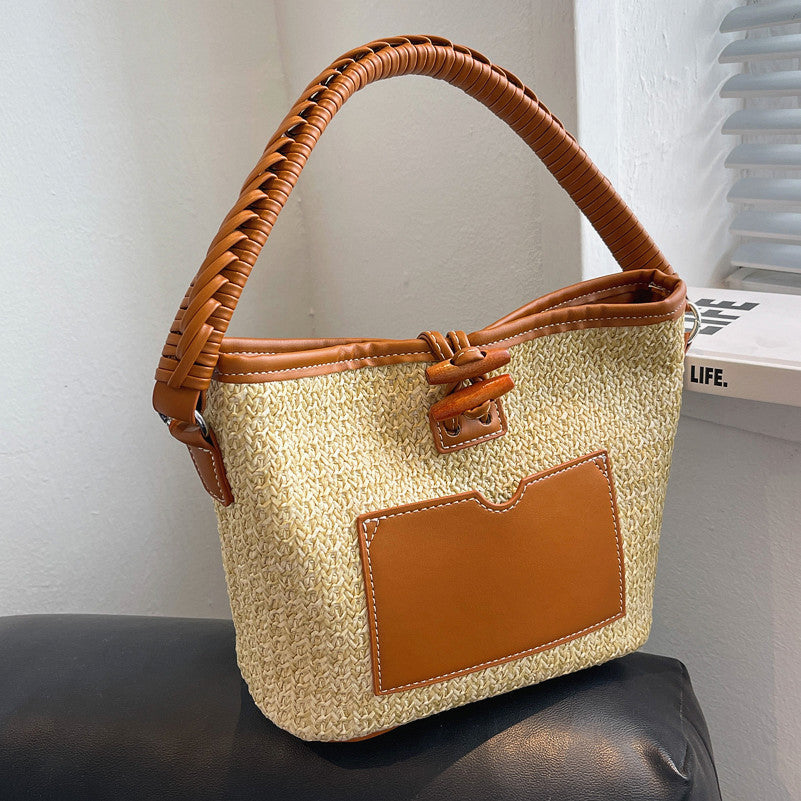 Versatile One-shoulder Bucket Woven Straw Bag