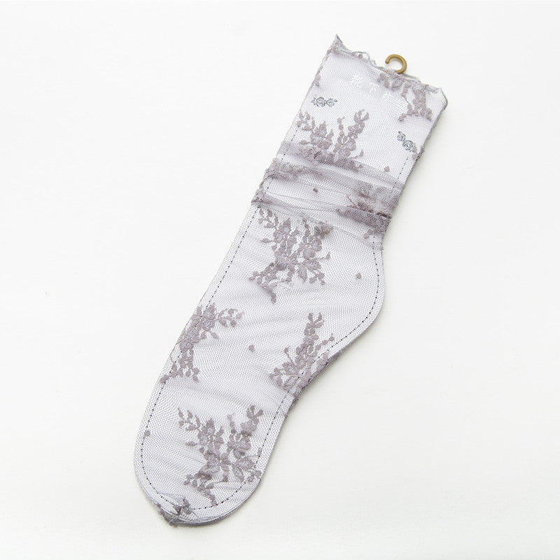 Spring And Summer New Women's Socks Sweet Japanese Solid Color Big Flower Hollow Stockings