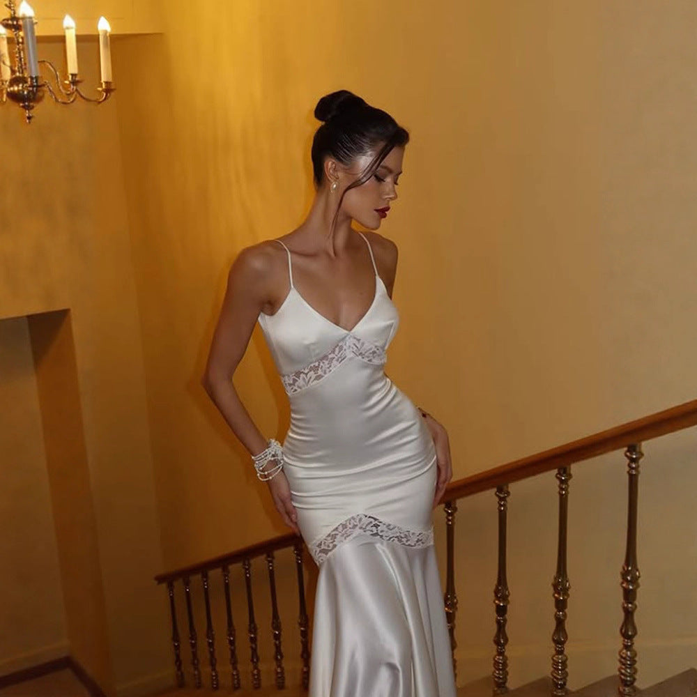 V-neck Slip Maxi Dress With Lace Paneling Evening Gown
