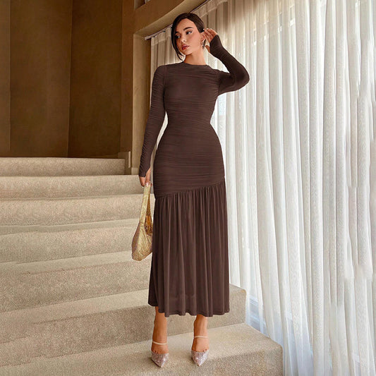 Elegant Lace Ruffle Crew-Neck Solid Color Dress