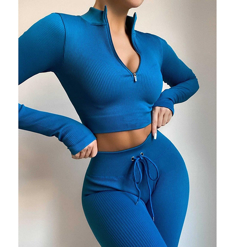 Seamless FallWinter Zippered Form-Fitting Long-Sleeve Bootcut Drawstring Fitness Pants Yoga Outfit Set