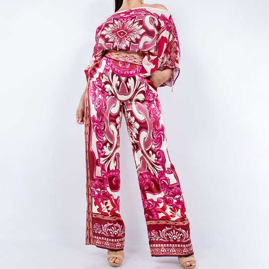 Fashionable Off Shoulder Long Sleeve Printed Set