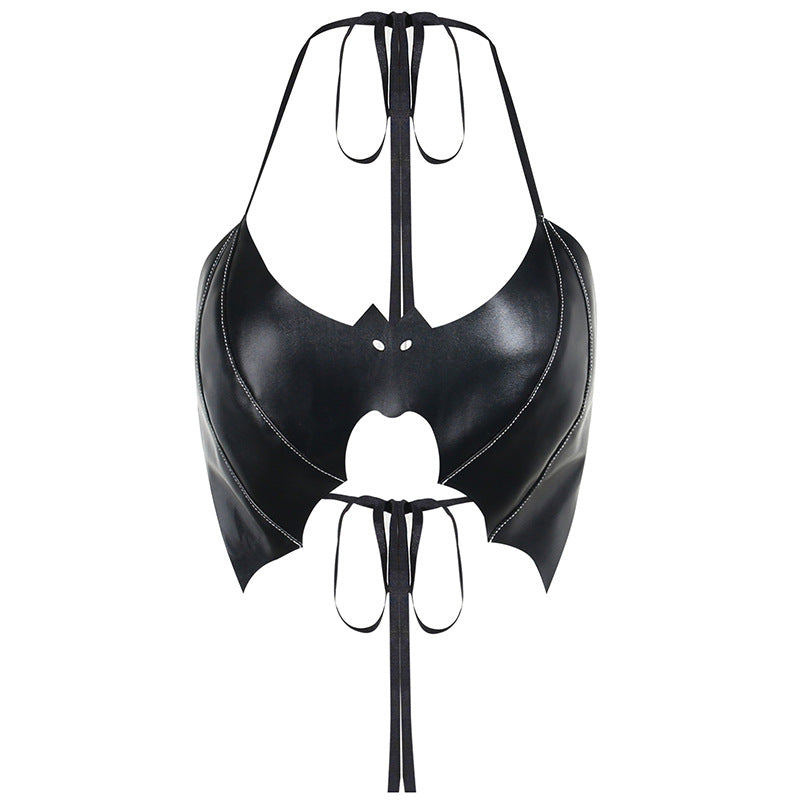 Bat Leather Halterneck Halter Lace-up Top