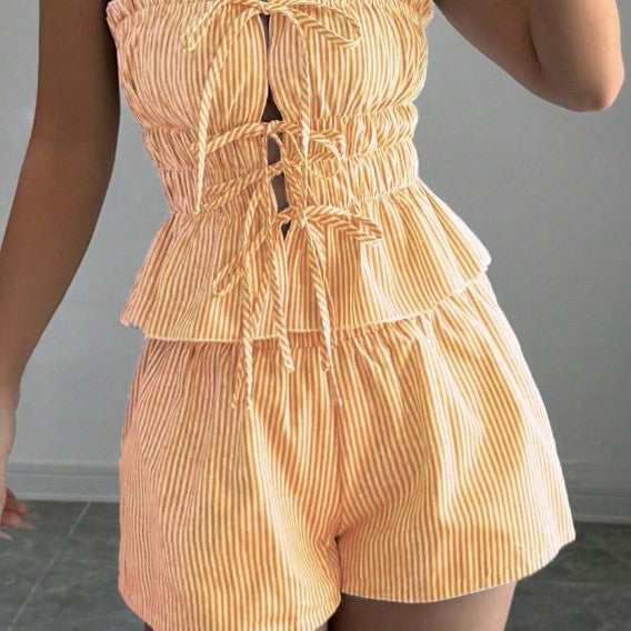 Striped Ruffled Midriff-baring Top Elastic-waist Shorts Two-piece Set