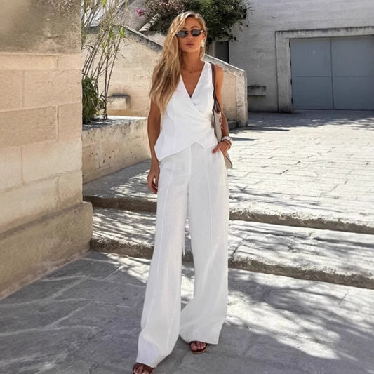 French Style White Linen Vest Suit For Commuting