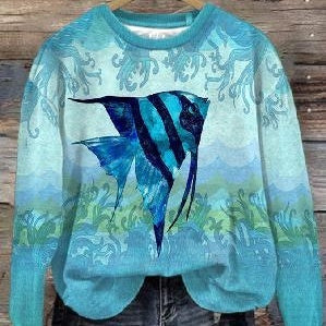 Kvinders Efterårs- og Vintertrends Digitaltrykt Rundhalset Sweater med Slidsede Skuldre og Lange Ærmer
