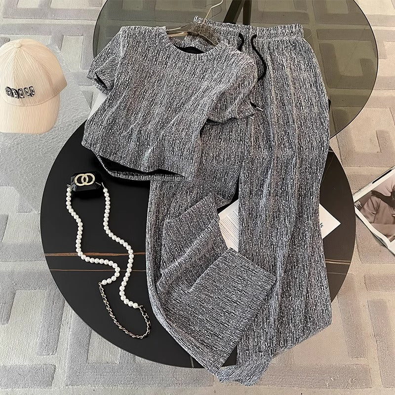 Laid-back Style Gray Short-sleeve Wide-leg Pants Two-piece Set