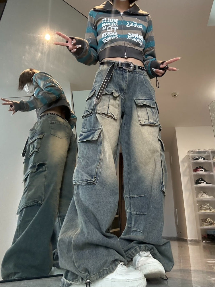American Multi-pocket Workwear Jeans Women's Wide Leg Loose Washed Distressed Pants