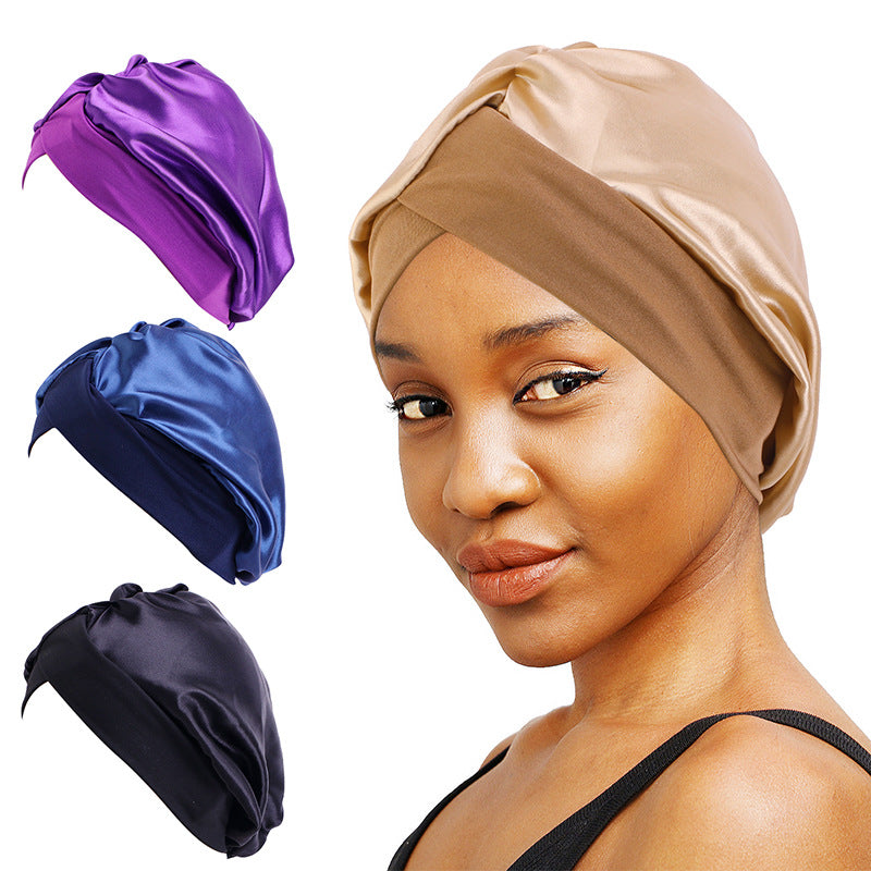 Solid Color Cross-Brim Satin Nightcap Hair Care Hat