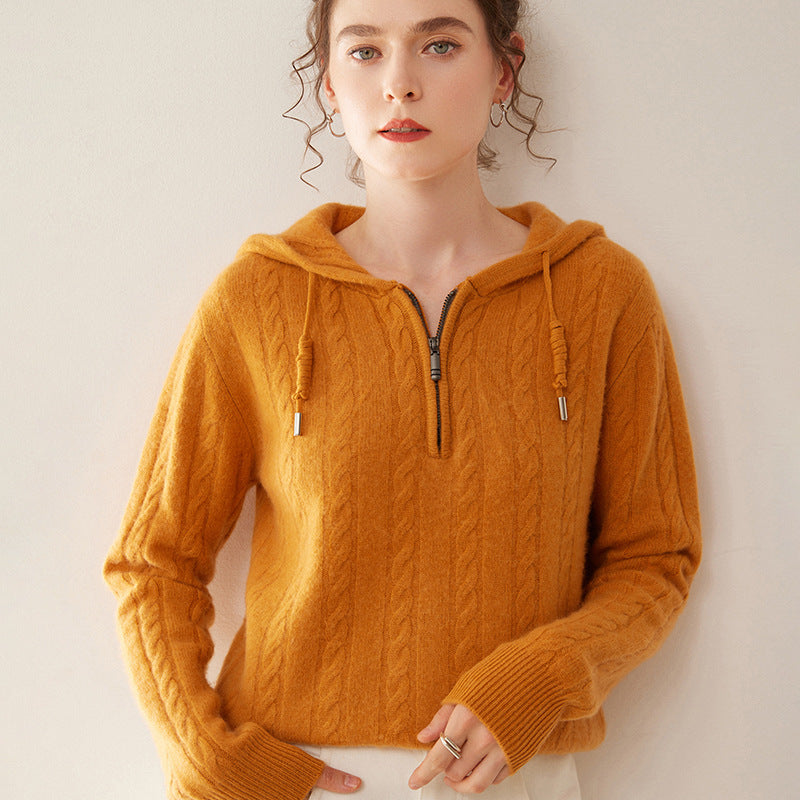Cashmere Sweater Women's Hooded Twist Half-open Collar Sweater