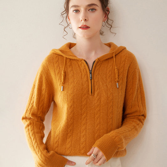 Cashmere Sweater Women's Hooded Twist Half-open Collar Sweater