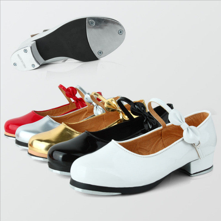 Women's Adult Black Soft Sole Shiny Bow Tap Shoes