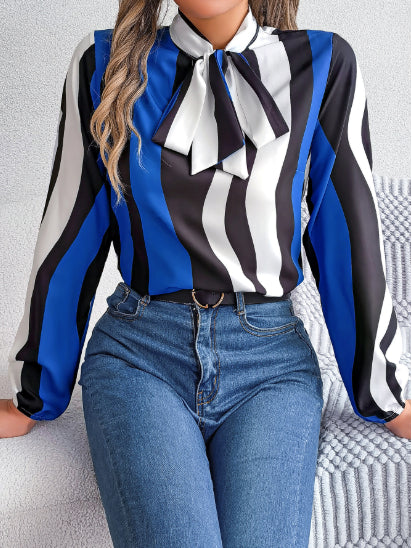 Elegant Contrasting-Color Striped Lace-Up Lantern-Sleeve Chiffon Blouse
