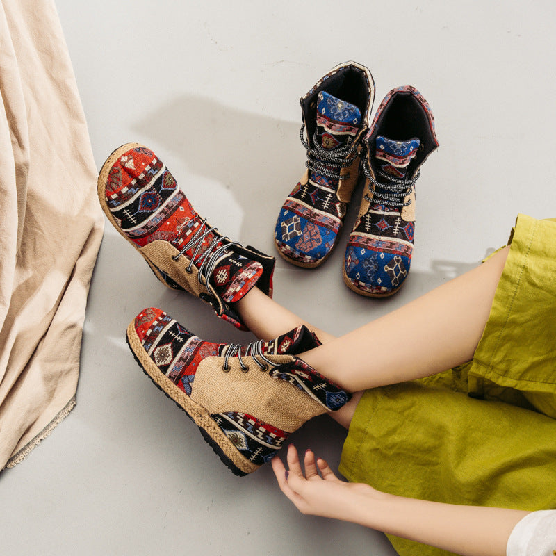 New High-top Linen Women's Shoes Lace-up Flanging Process