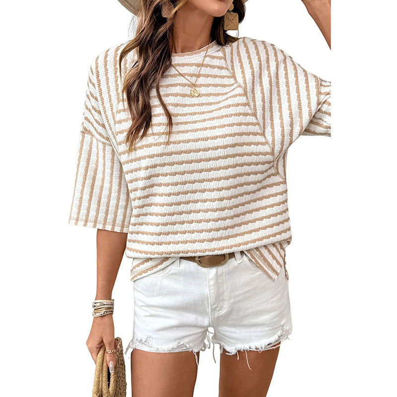 Womens Crew-Neck Pullover T-Shirt Simple, Versatile Striped Half-Sleeve Tee In European And American Style