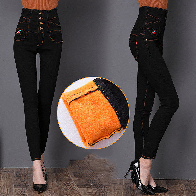Winter new style velvet thick high-waist jeans