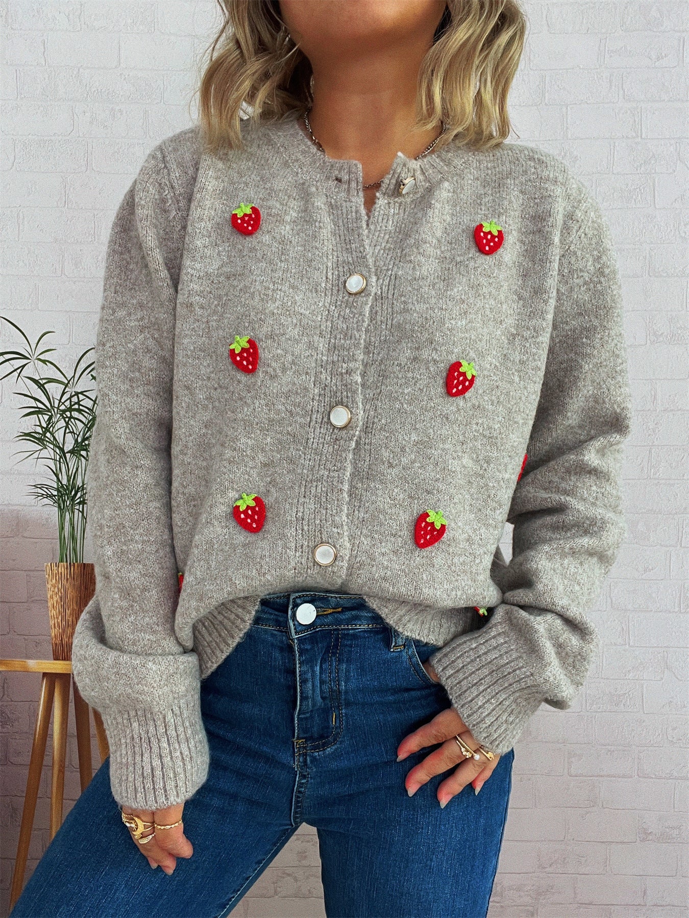 Cute Strawberry Jacquard Knitted Cardigan Round Neck Long Sleeve Sweater