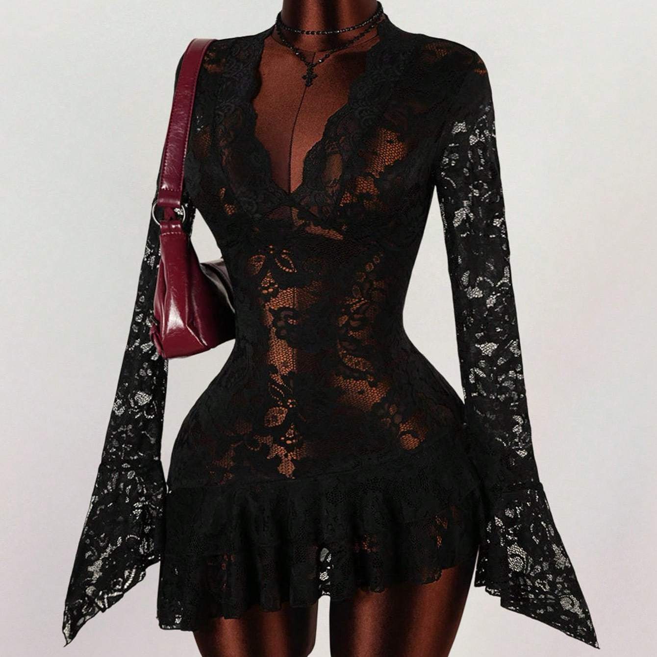 Retro Chic Cutout Lace VNeck DefinedWaist Mini Dress