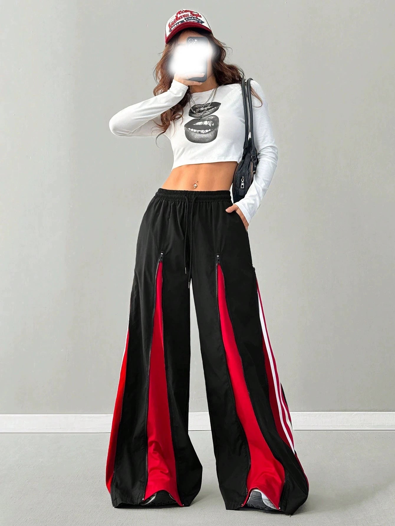 Women's Contrast Color Bell-bottom Pants-black And Red Casual Elastic Waist