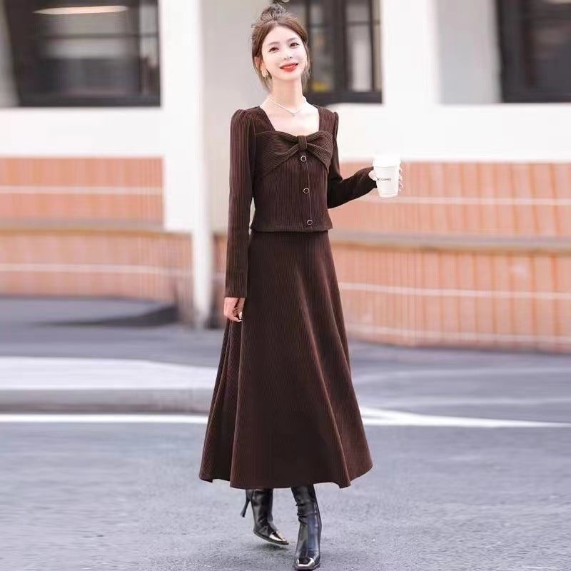 Womens Fashion Corduroy Top And Skirt Two-piece Set