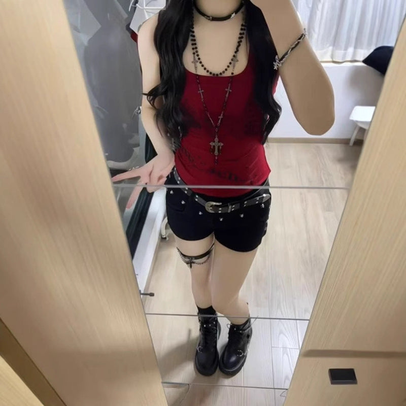 American-style Retro Red Racerback Tank Top For Sassy Girls
