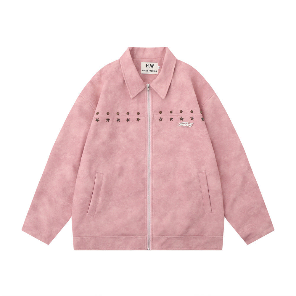 Retro Design Metal Decorative Loose Lapels PU Leather Jacket