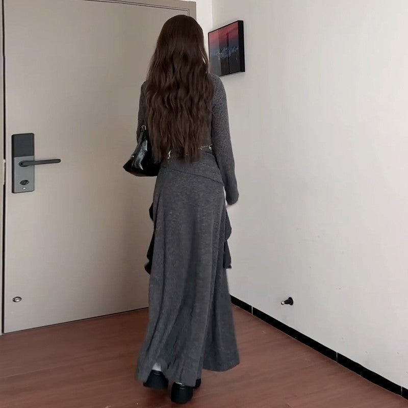 Lady's Fashion High-end Neck-hanging Knit Long Dress Set