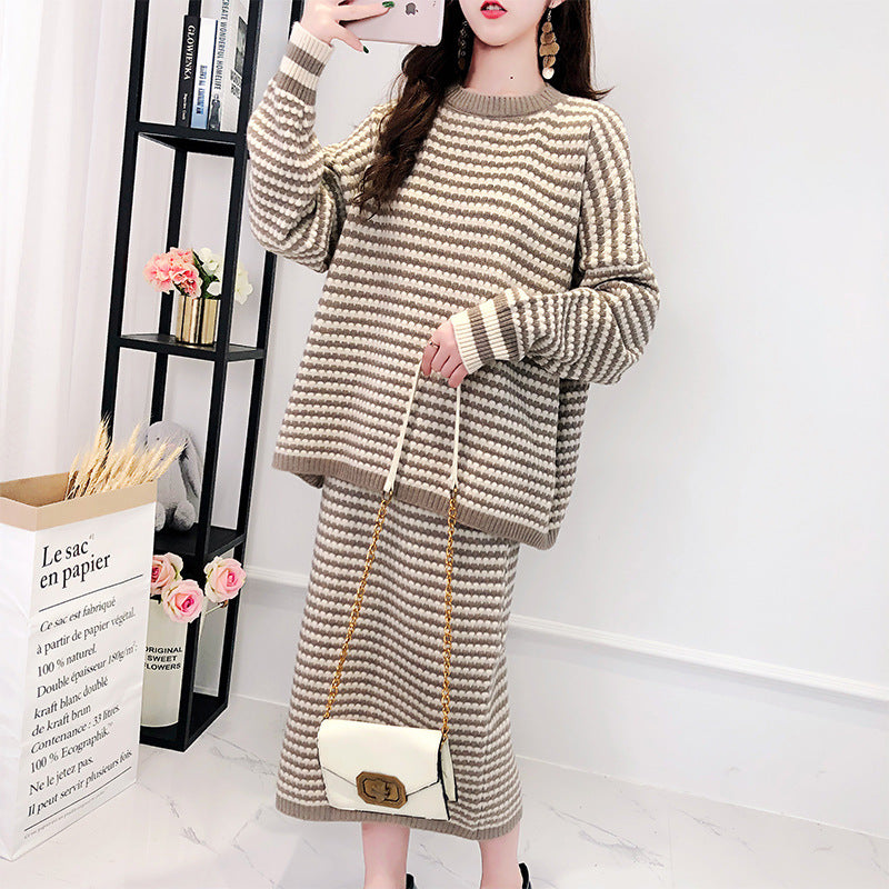 New Autumn Knitwear For Women Loose Western-Style Thickened Skirt And Pullover Sweater Set